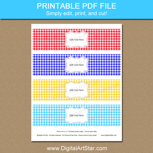 Red Blue Yellow Gingham Water Bottle Labels Printable PDF - Digital Art ...