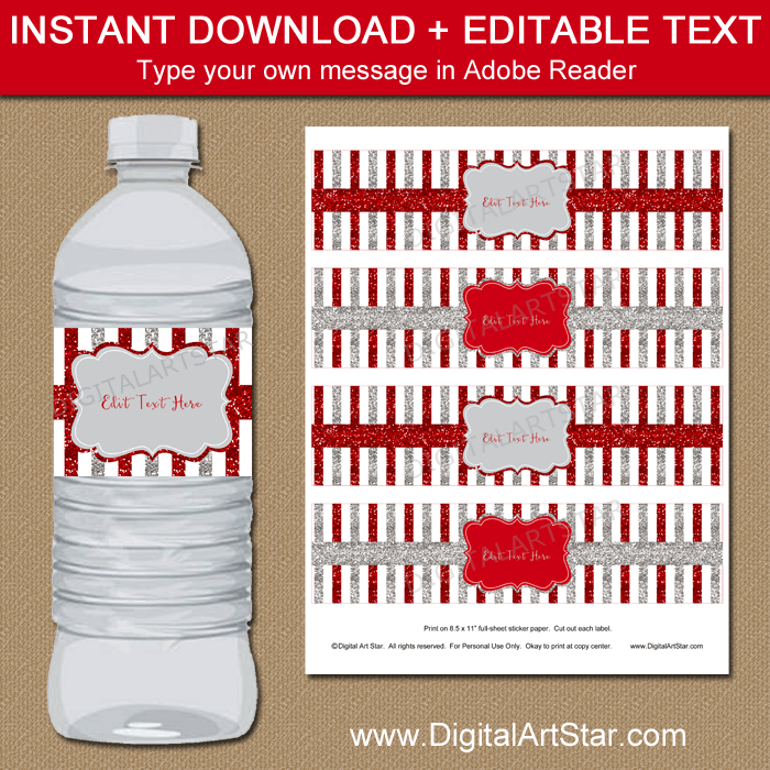 Red and Silver Glitter Water Bottle Labels Template Printable - Digital ...