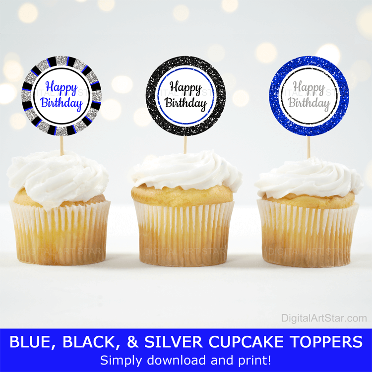 Happy Birthday Cupcake Toppers - Royal Blue, Black, and Silver ...