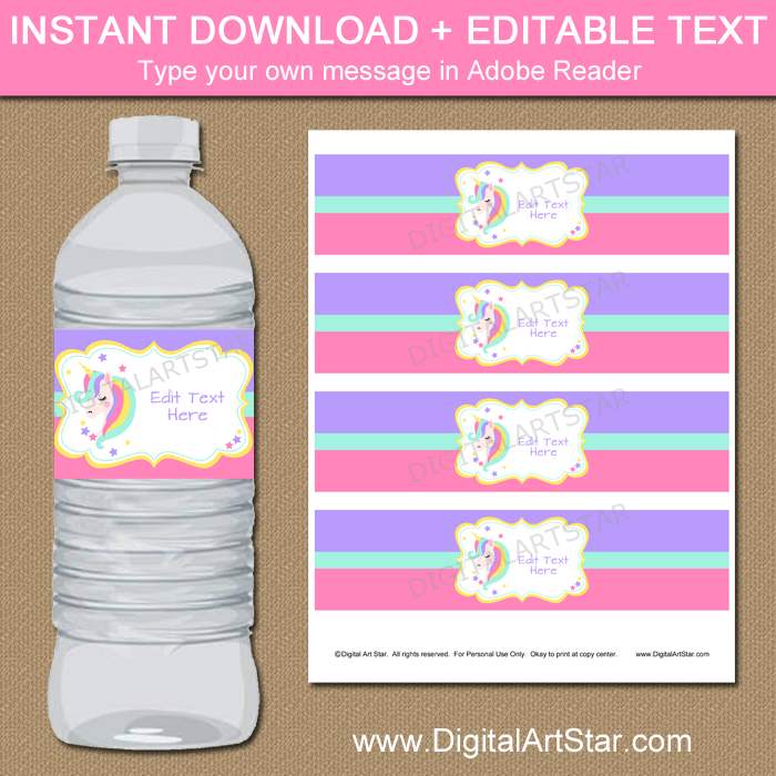 unicorn water bottle labels printable digital art star