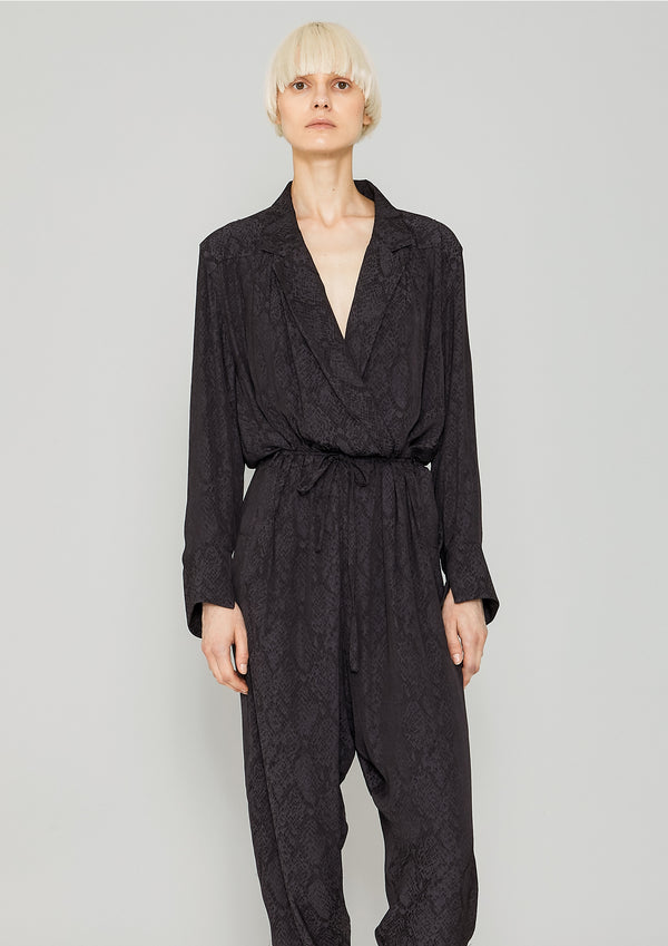 JUMPSUIT REVERS LONG - JACQUARD SATIN black snake | BERENIK