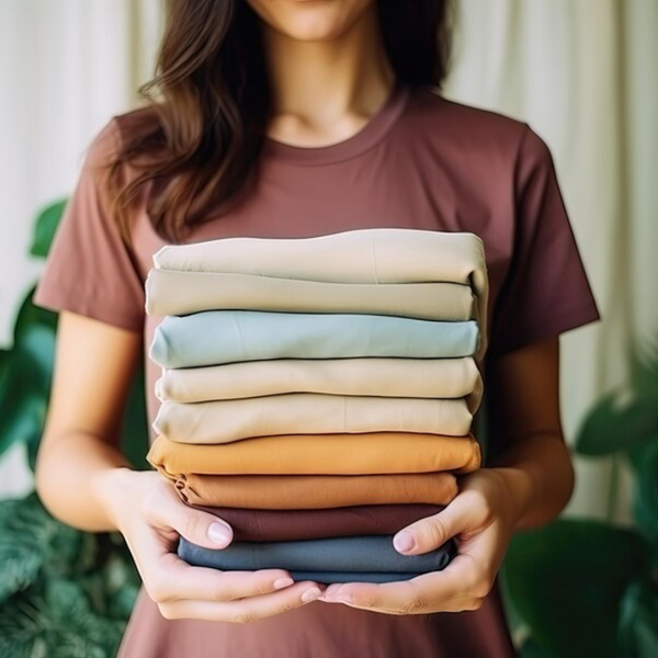 Mulher segurando roupas de algodão pima