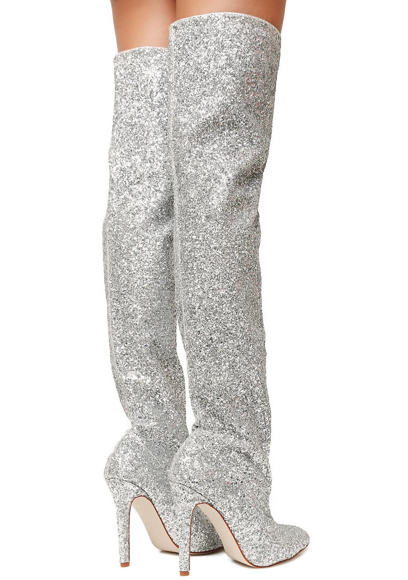 silver glitter thigh high boots