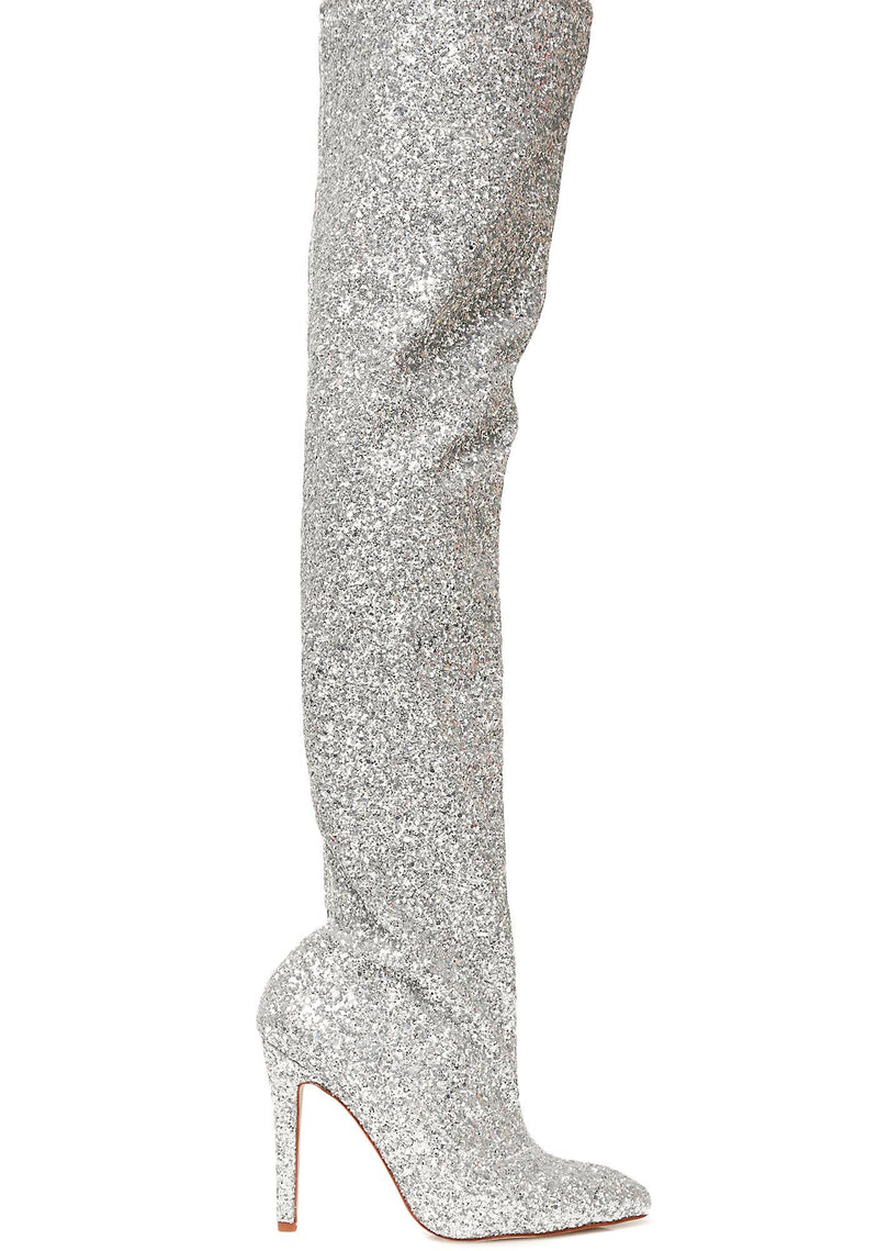 silver sequin thigh high boots