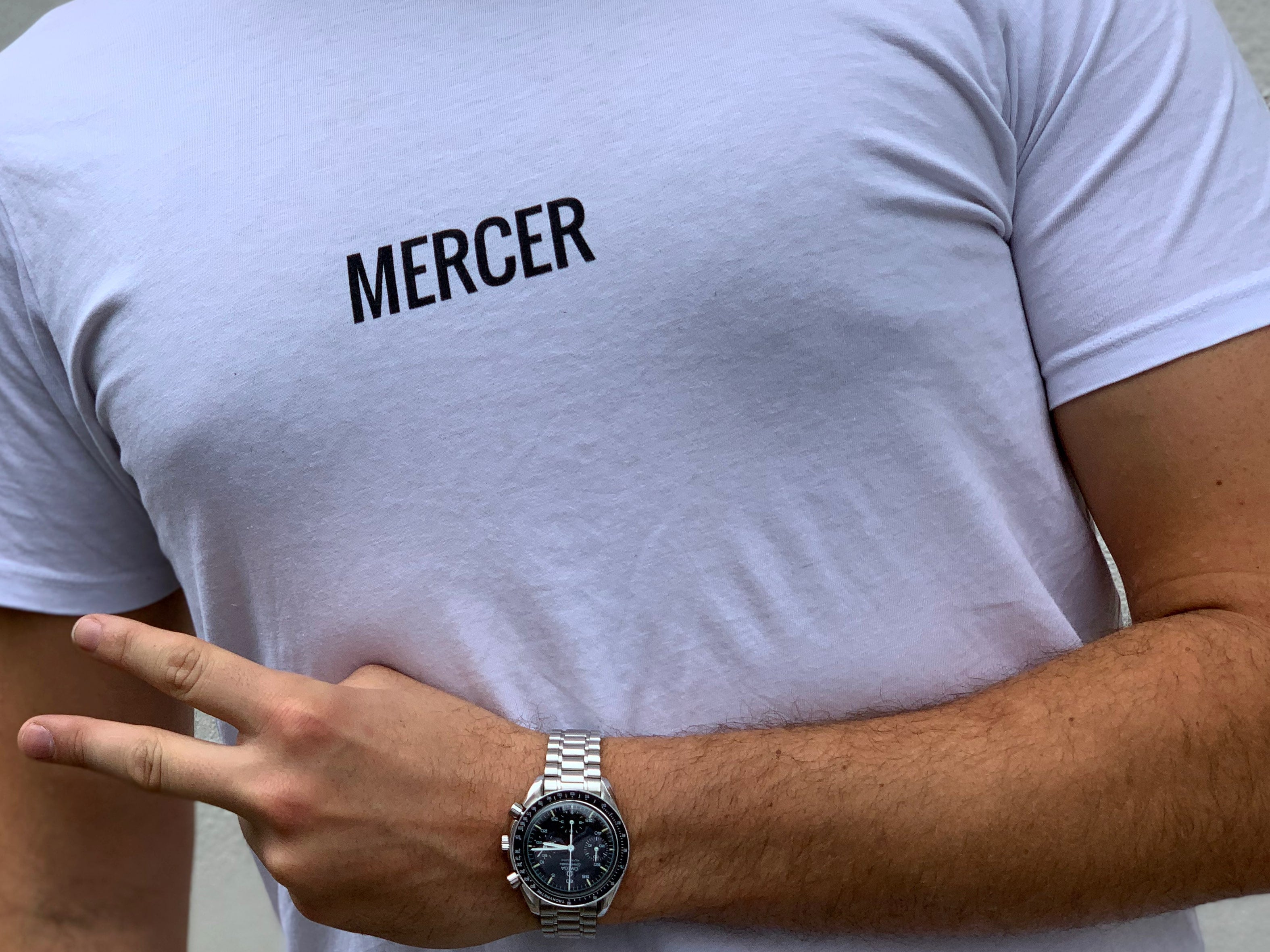 Omega Speedmaster Reduced worn with MERCER t-shirt