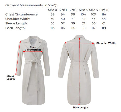 Amelia Trench Coat Measurement Chart