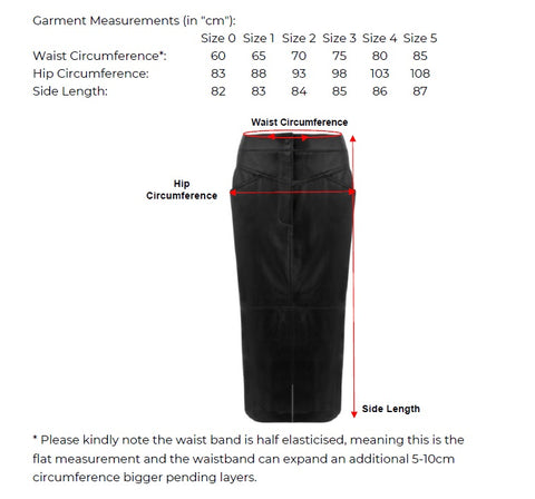Margot Long Line Leather Skirt Measurement Chart