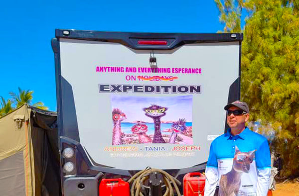 advertising our business and Tania's art design of Esperance emu's on our caravan during a holiday  