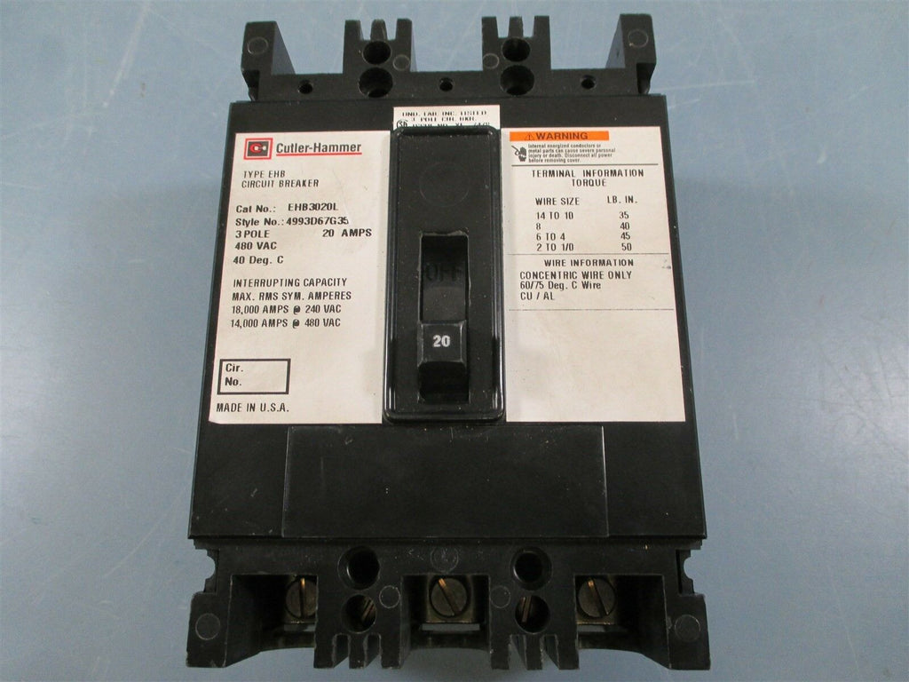 Cutler-Hammer EHB3020L 20AMP 3 Pole 480 VAC Circuit Breaker - Used