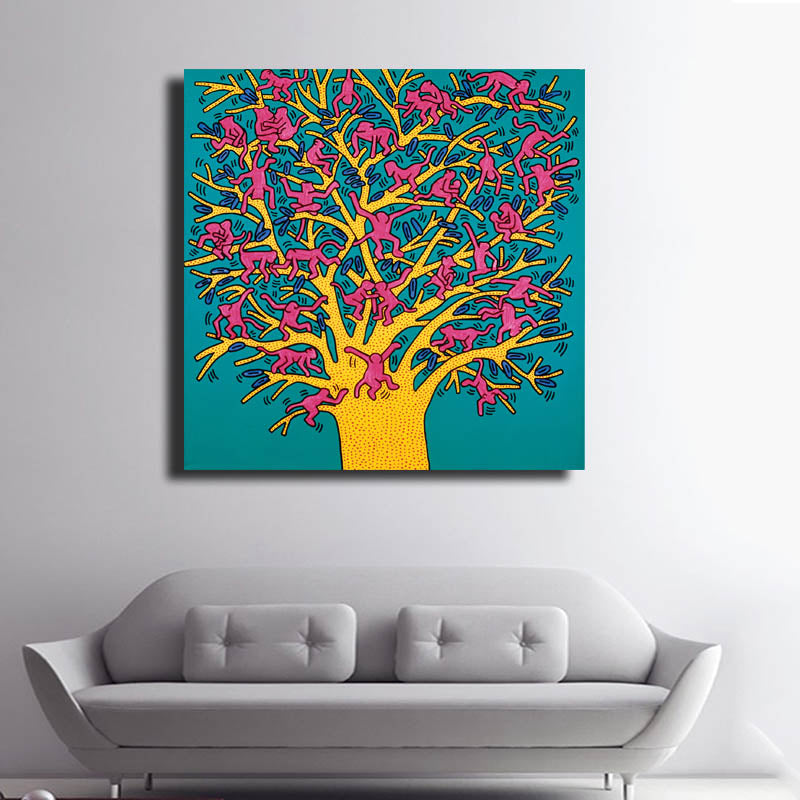 Modern Art Many Monkeys On The Yellow Tree Keith Haring Wall Art Canva Discount Canvas Print