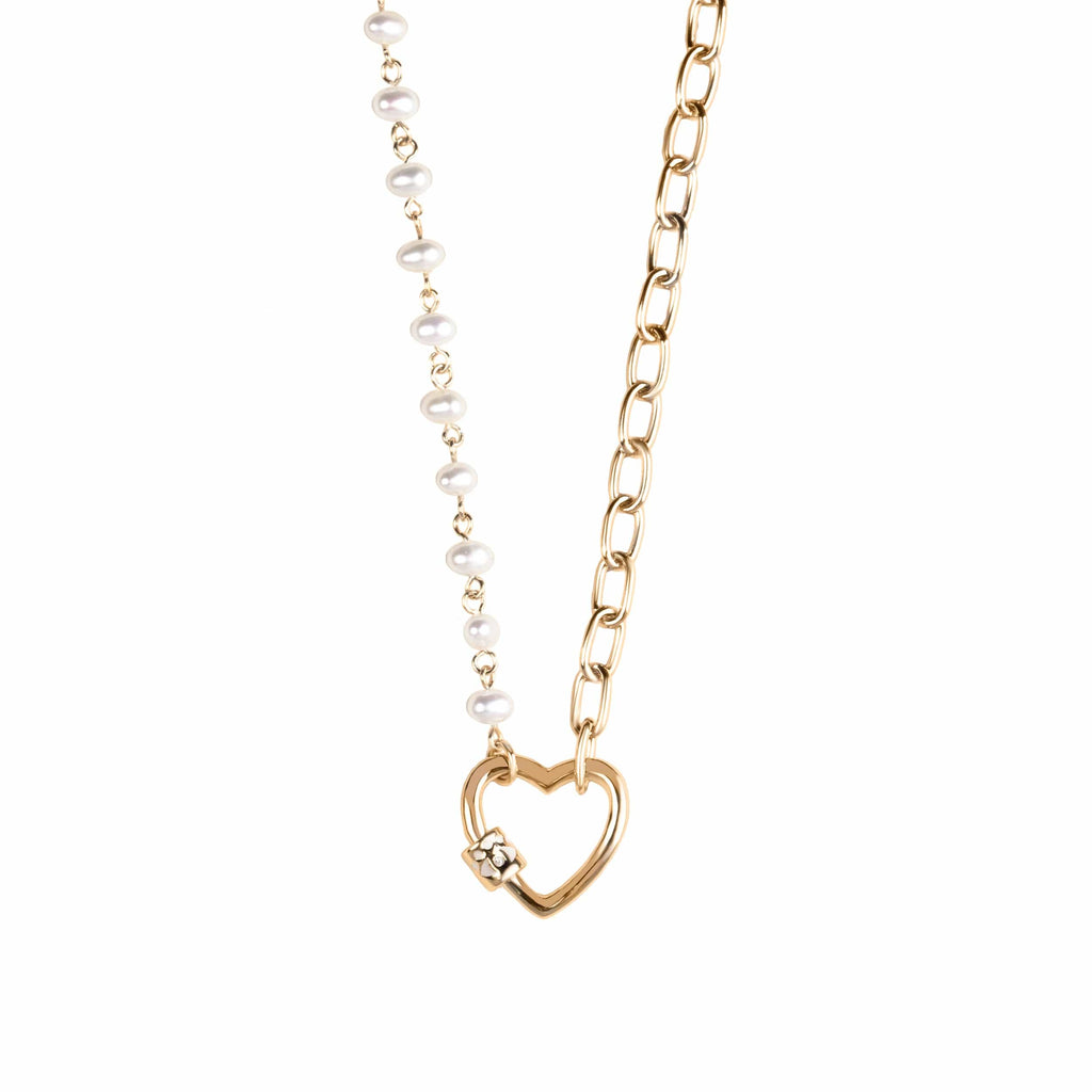 Pearl Diamond Heart Charm Necklace