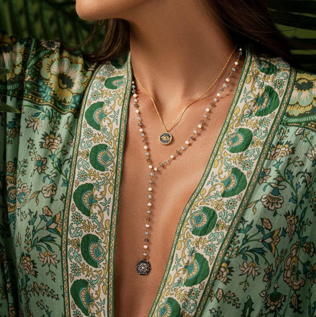 Delicate Touch - Aquamarine Pearl Labradorite Lotus Charm Necklace