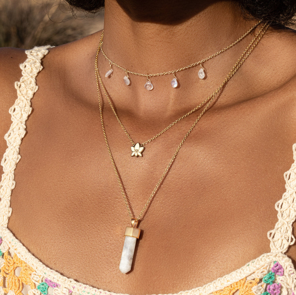 Tranquil Reverie - Moonstone Lotus Triple Stack Necklace