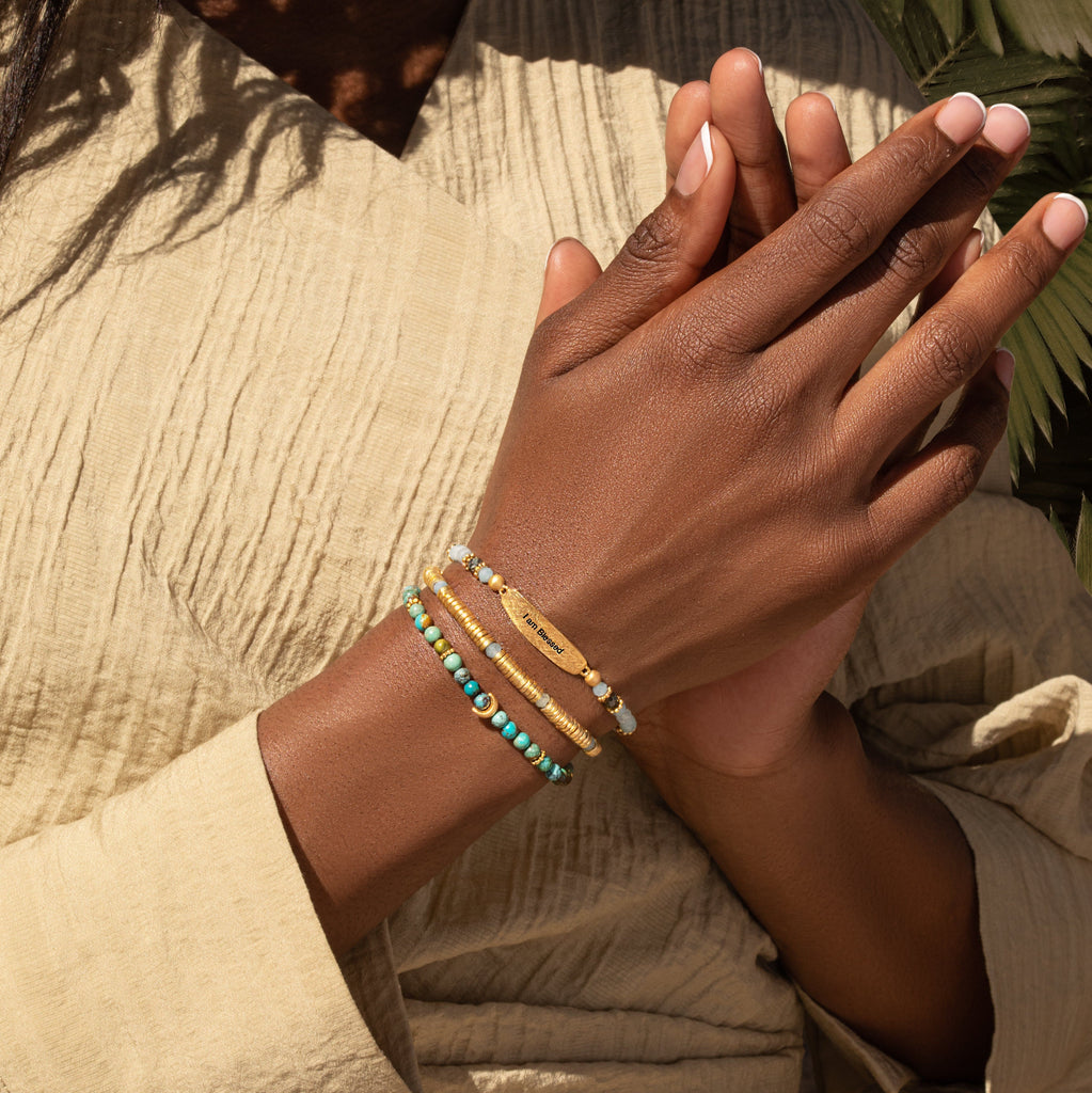 "I AM BLESSED" - Aquamarine Turquoise Pyrite Moon Bracelet Stack