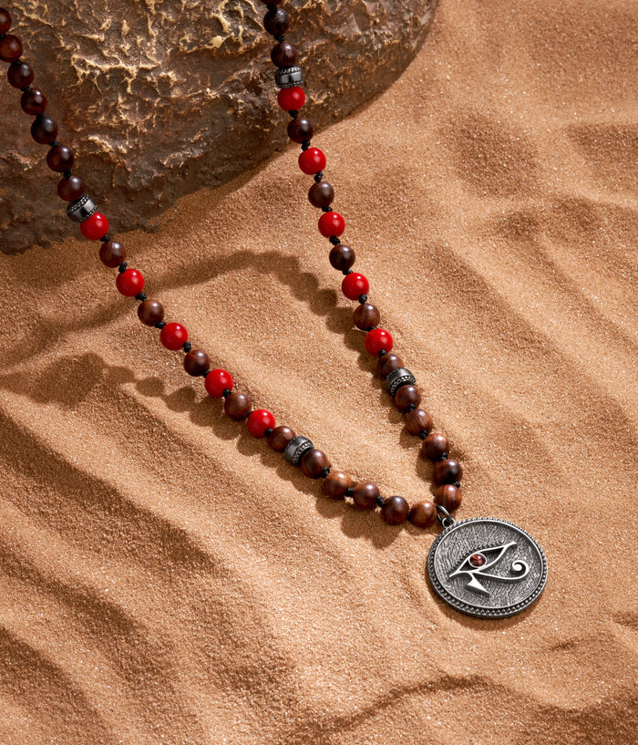 Picture of Ancestral Guard Wood & Coral Eye of Horus Charm Silver Necklace
