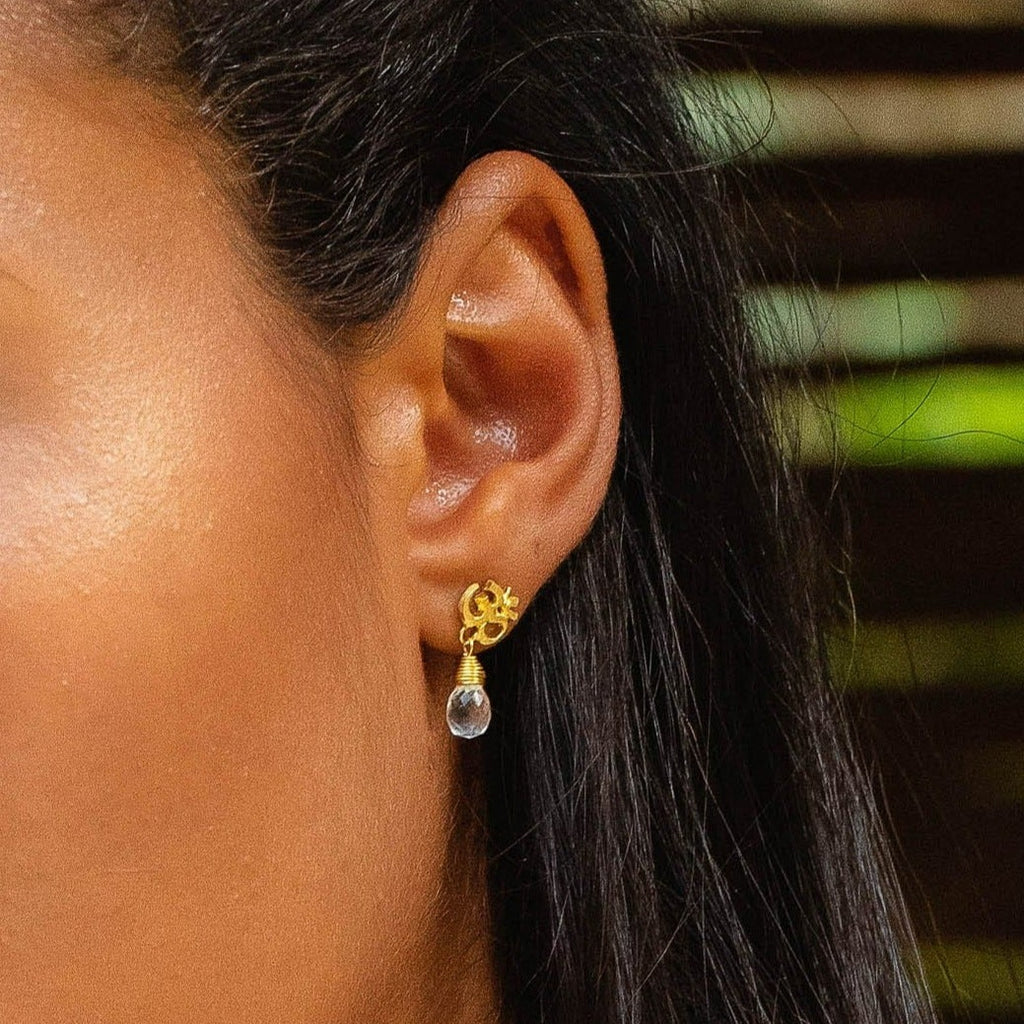 Sacred Sounds - Gold OM Crystal Quartz Earrings