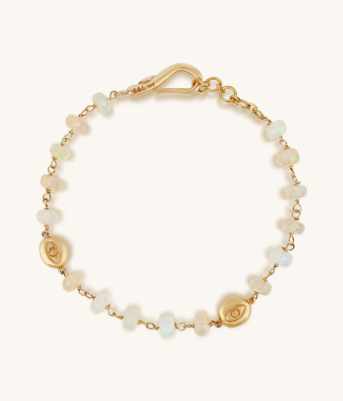 Picture of Infinite Potential Solid Gold 14K Ethiopian White Opal Evil Eye Disk Bracelet
