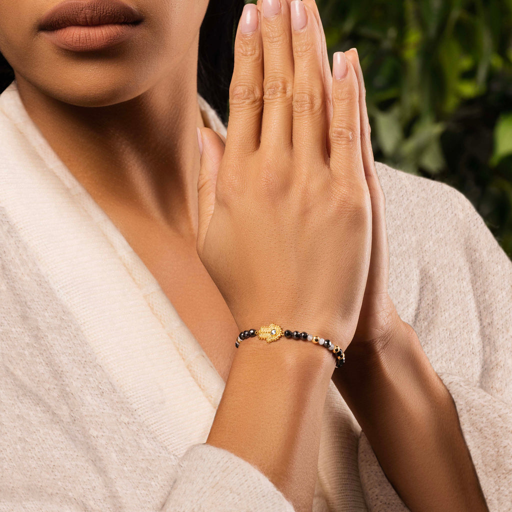 Bracelet Evil Eye ICU Hamsa Beaded Stretchy Black Beads Rhinestone Hand  Charm | eBay