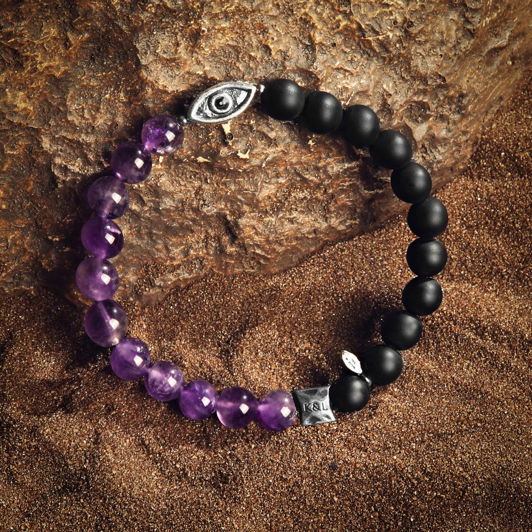 Karma and Luck  Bracelet  -  Soothing Protection - Amethyst Matte Onyx Evil Eye Charm Bracelet