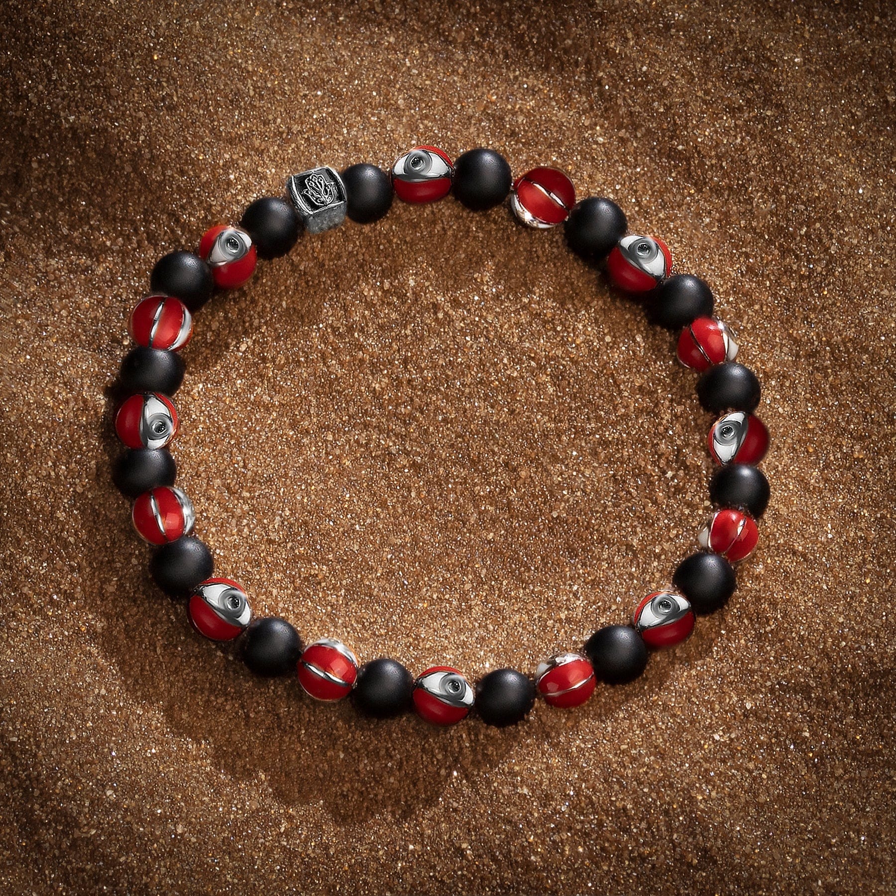 Karma and Luck  Bracelets - Mens  -  Rhodium Plated Brass 6mm Red Enamel & Matte Onyx Evil Eye Bracelet