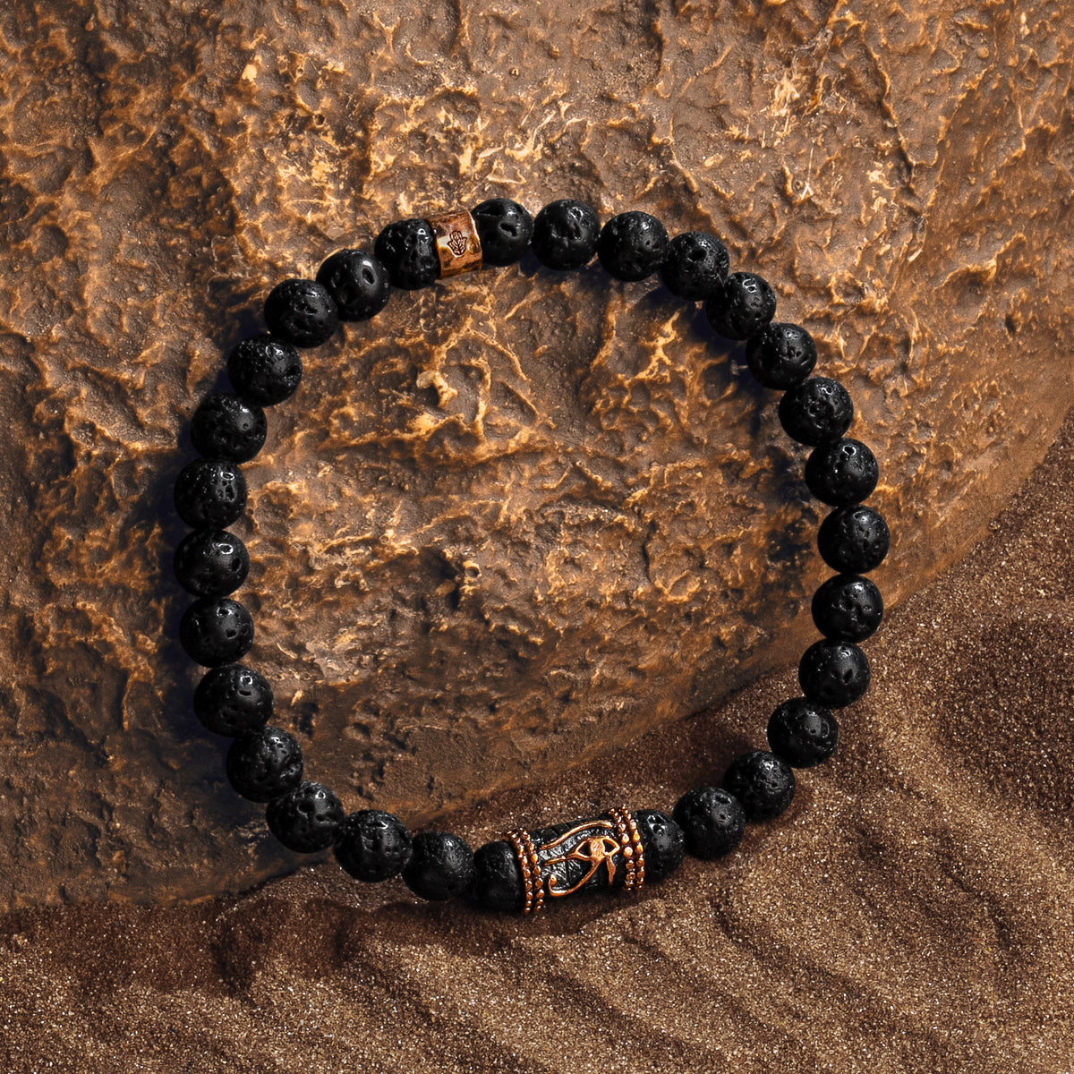 Mens Antique Bronze Eye Of Horus Lava Stone Bracelet | Karma and Luck