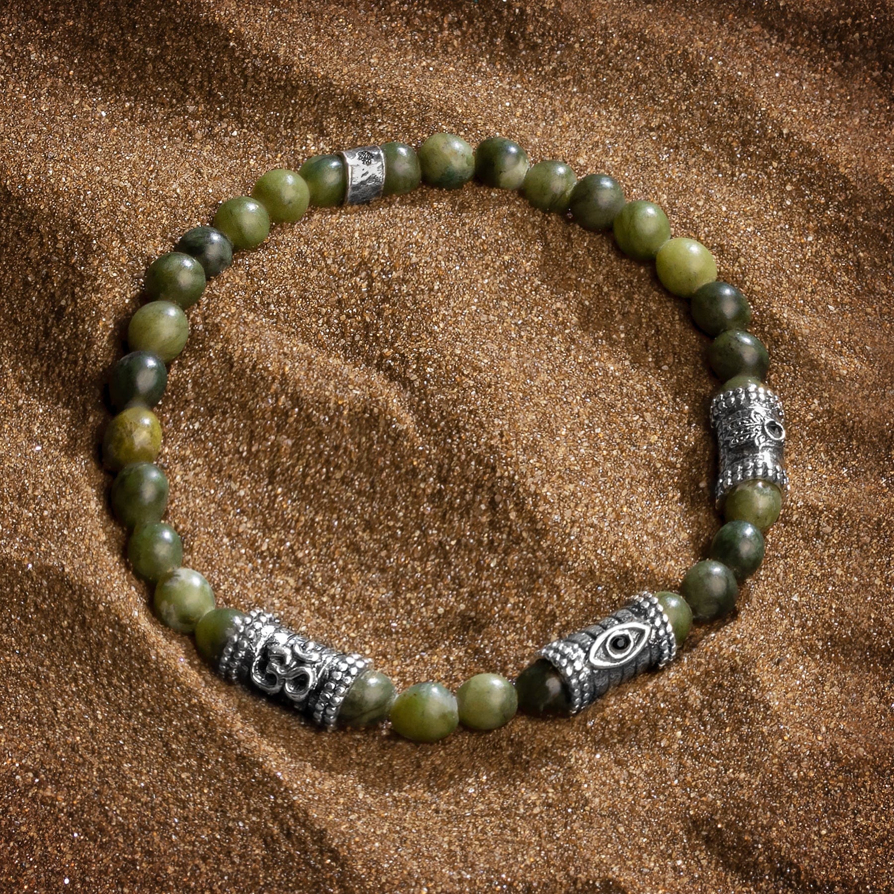 Karma and Luck  Bracelets - Mens  -  SS/OXI TRIPLE TUBE OM EYE HAMSA JADE MENS ELASTIC BRACELET