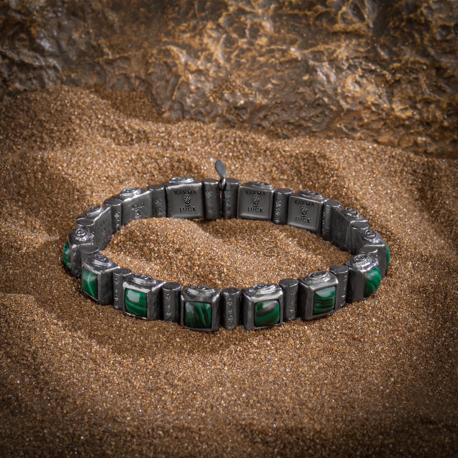 Karma and Luck  Bracelets - Mens  -  Sterling Gunmetal Malachite Mantra Bracelet