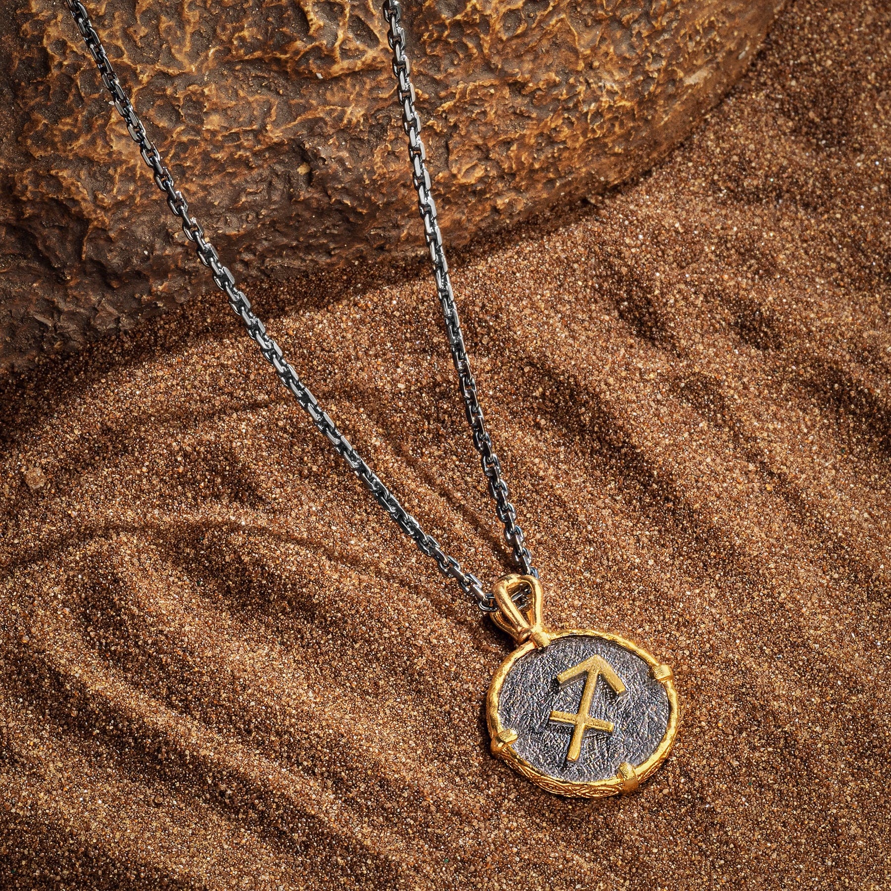 Karma and Luck  Necklaces - Mens  -  BR/BLKGP/GP THICK ZODIAC NECK (BR WITH GP PEND & SS NECK)