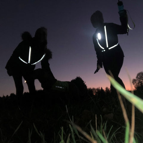 BTR high viz pink reflective sashes and vests been worn by two ladies walking their dog - very reflective