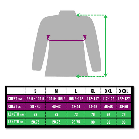 BTR high visibility reflective cycling jacket size chart