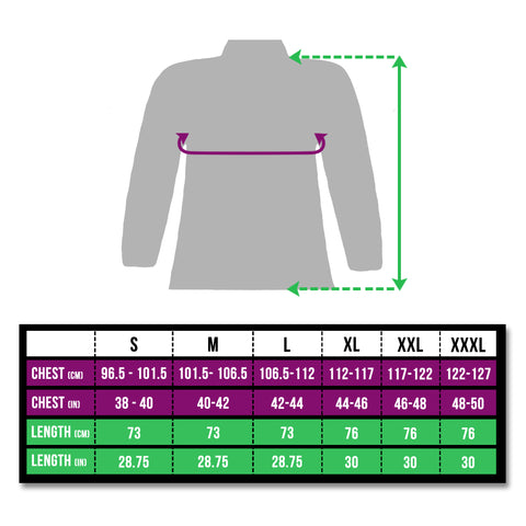 Size chart BTR high vis and reflective jacket