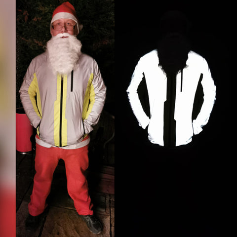 BTR high vis & reflective jacket shown in the dark and light, modelled by Santa! 