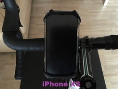 An Apple iPhone XS phone in the BTR silicone bike handlebars phone mount