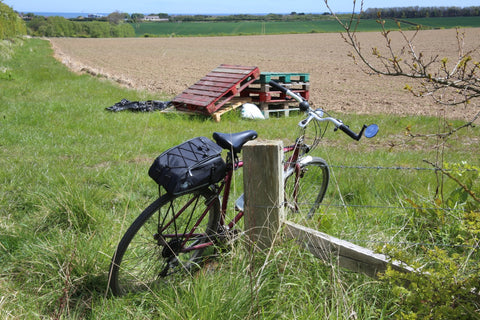 BTR Bicycle Rear Rack bag shown on a bicycle out ob a lovely countryside cycle 