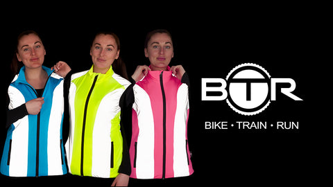 Ladies high vis and reflective gilet shown in pink, yellow and baby blue with BTR logo