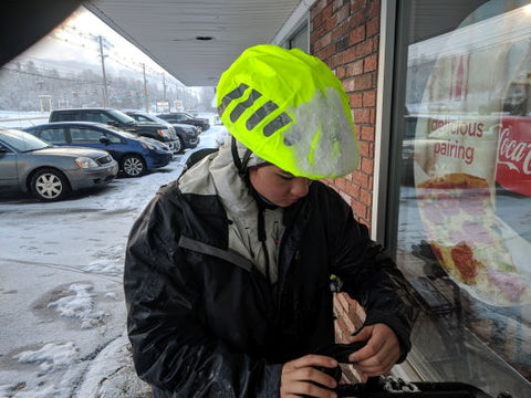 BTR hi vis yellow helmet cover in the snow - keep your helmet and head dry ! 