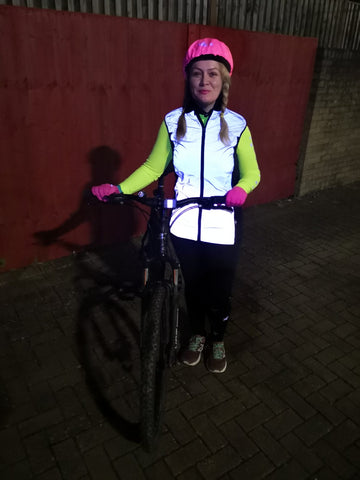 Claire our Instagram Ambassador wearing BTR high vis clothing and reflective gear 
