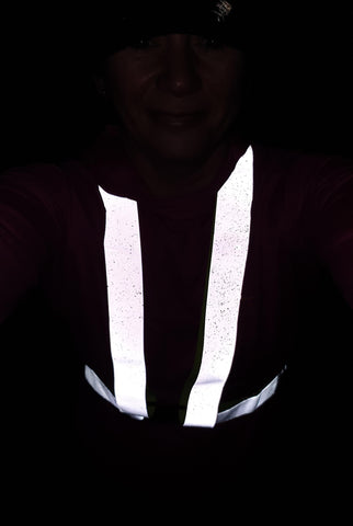 Debbie wearing the reflective sash from BTR Be Totally Reflective  high vis