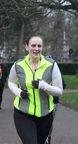 Geogie our customer doing a park run wearing ladies BTR Yellow and reflective gilet