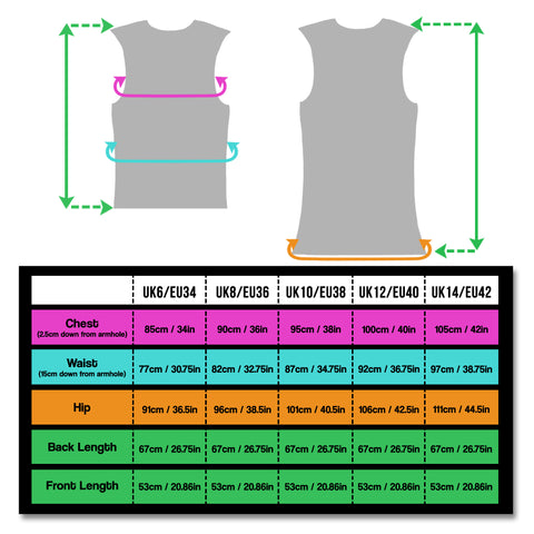 BTR womens high vis reflective cycling and running gilet size chart