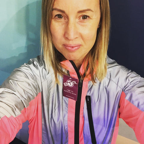 Hannah wearing our bright pink high vis and reflective jacket. Customer photos are great