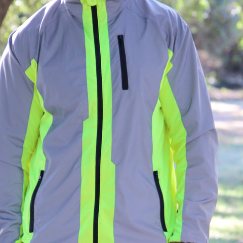 Hi Viz & Reflective Silver Sports Jacket shown being worn in the daylight showing the BRIGHT yellow hi viz is bright in the day