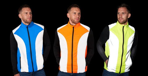 Mens bright reflective high vis and reflective gilet shown in the darl in yellow, orange and blue