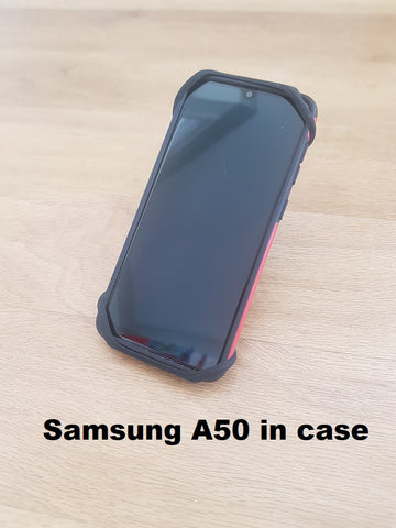 Samsung A50 shown in its case inside the BTR Phone Mount for your Bike