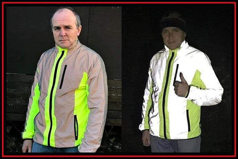 BTR hi vis and yellow jacket shown with reflective panels in dark - be reflective 