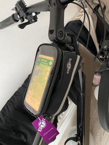 BTR Bike frame bag shown on bike with mobile phone in it
