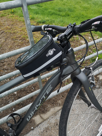 Bicycle Frame Bag from BTR shown on a bike crossbar with straps 