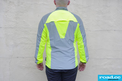 Road.cc review image of the BTR cycling & running jacket shown the back view in the daylight