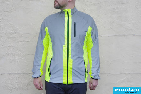 Road.cc review image of the BTR cycling & running jacket worn in the day light showng hi vis
