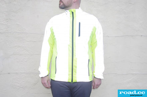 Road.cc review image of the BTR cycling & running jacket - shown with reflective shining bright